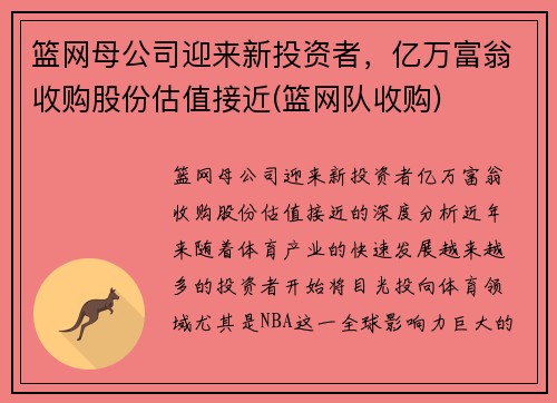 篮网母公司迎来新投资者，亿万富翁收购股份估值接近(篮网队收购)