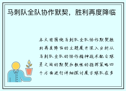马刺队全队协作默契，胜利再度降临