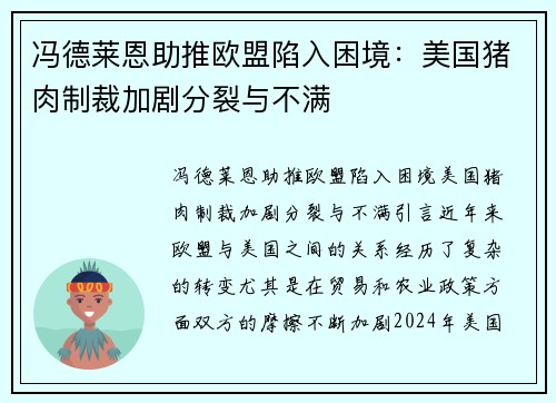 冯德莱恩助推欧盟陷入困境：美国猪肉制裁加剧分裂与不满