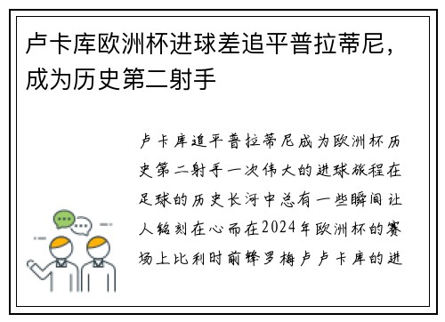 卢卡库欧洲杯进球差追平普拉蒂尼，成为历史第二射手